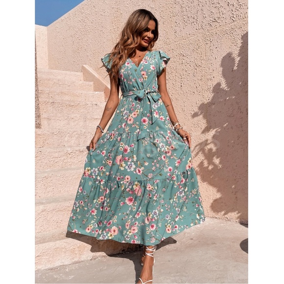 Floral Dress Surplice Overlapping V Neck Fit & Flare Maxi Long Green Tie Belt - Picture 6 of 8